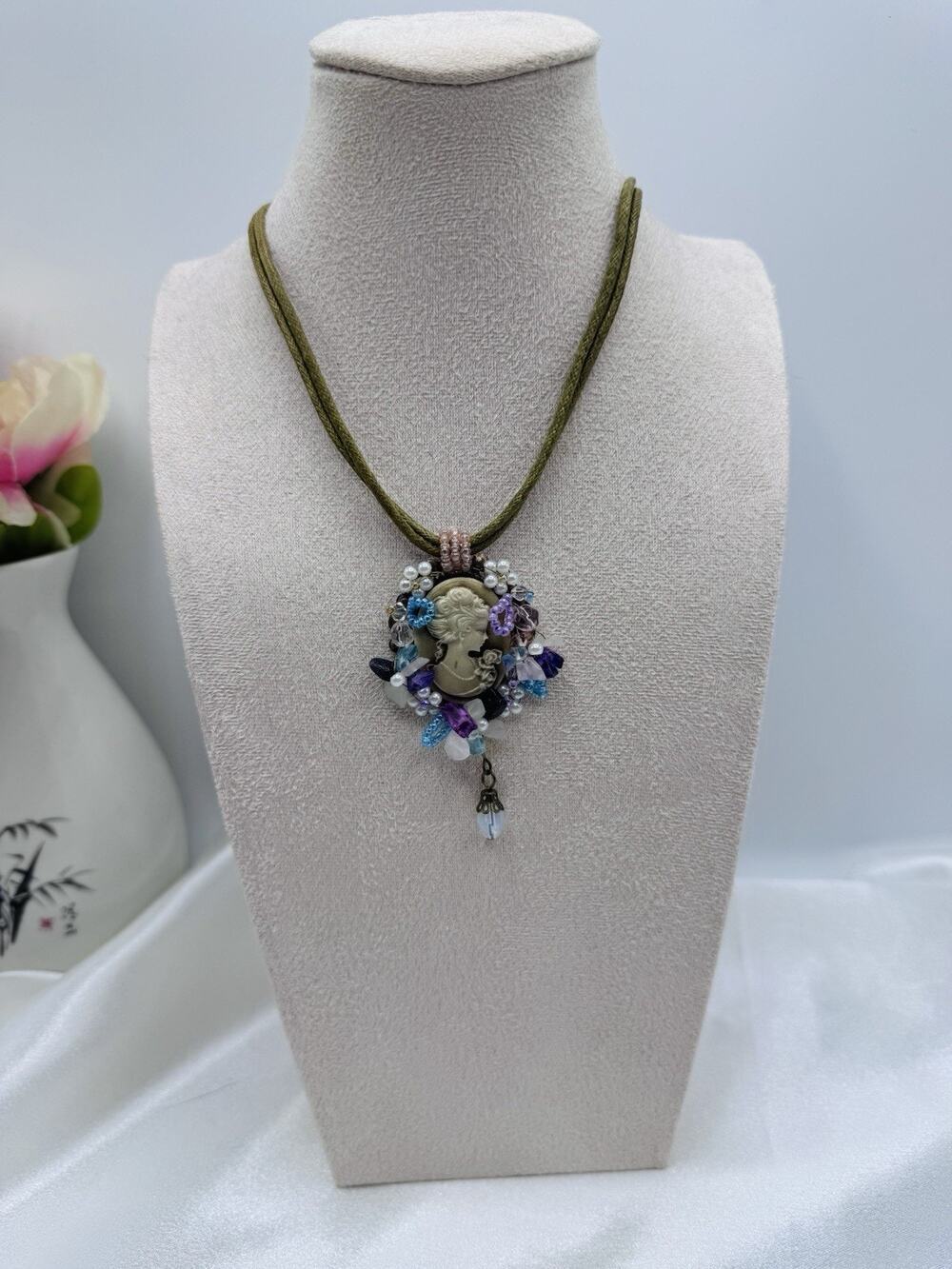 Vintage Style Cameo Pendant Statement Necklace OliveCord Boho Victorian Inspired